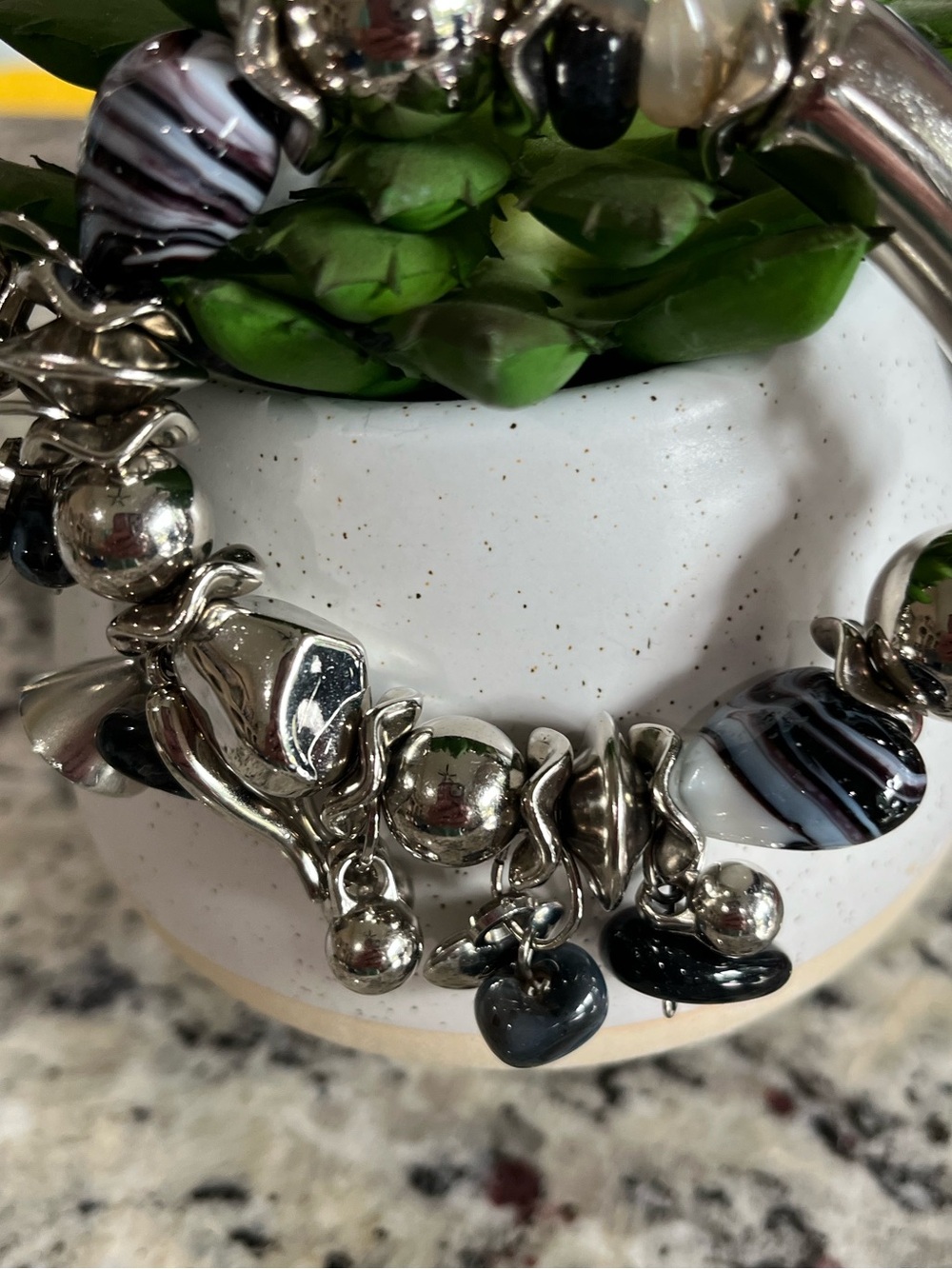 Silver-Tone Charm Cluster Bracelet with Black, Dark Blue & White Glass Beads